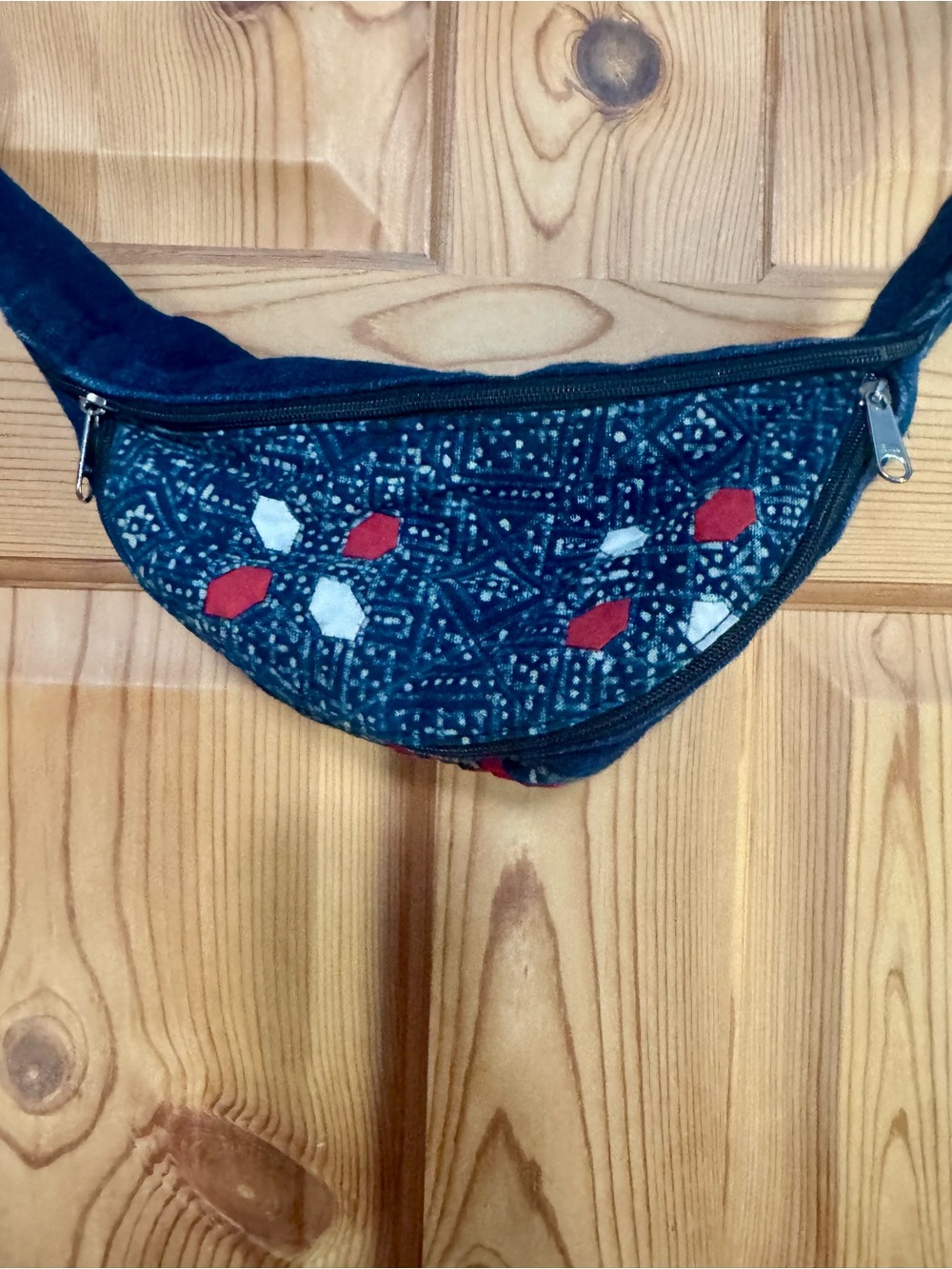 Navy Patterned Waist Bag with Red & White Accents